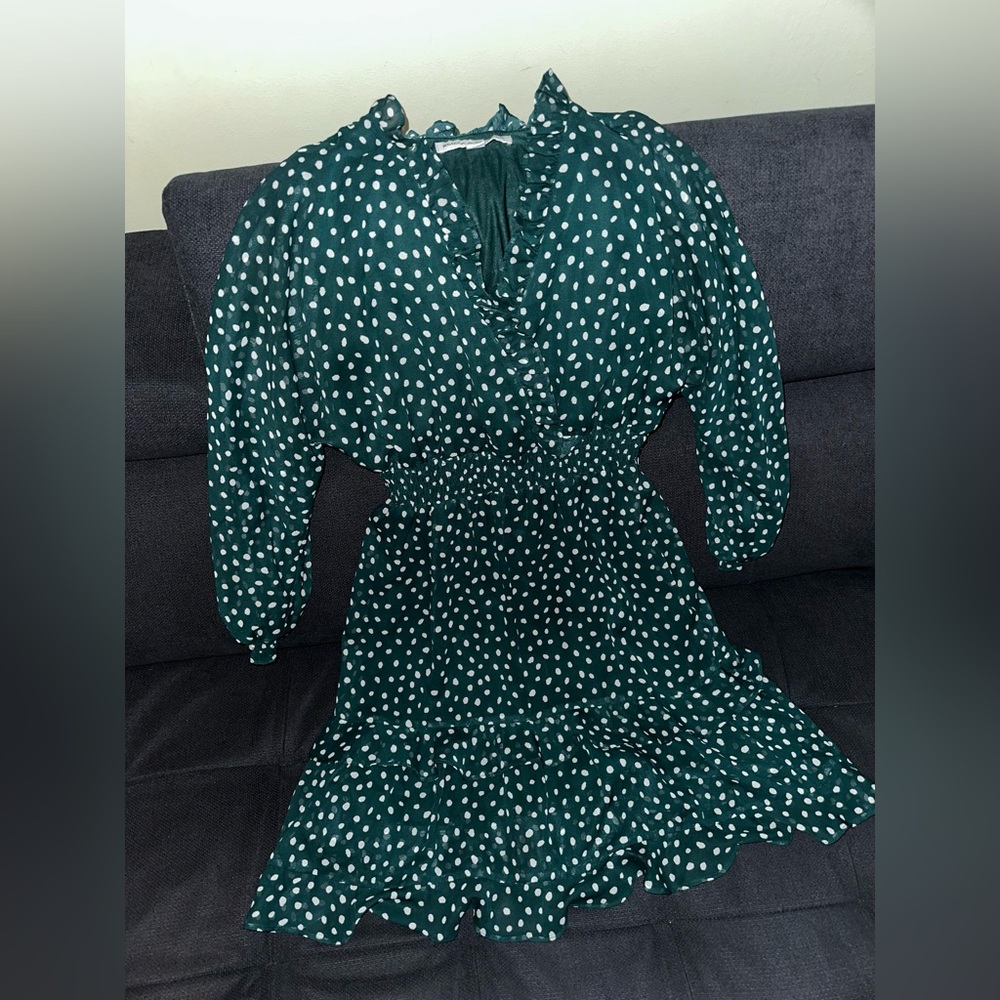 Emma & Michele Dress Women Green  PM Long Sleeve Sleeve Ruffle Polka Dot